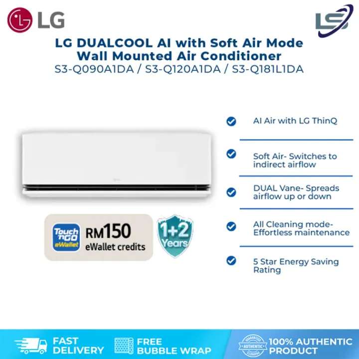 LG 1HP / 1.5HP / 2HP DUALCOOL AI with Soft Air Mode Air Conditioner S3-Q090A1DA / S3-Q120A1DA / S3-Q181L1DA Aircond - 5 Star Energy Saving Rating [TnG Redemption] | Lazada Malaysia