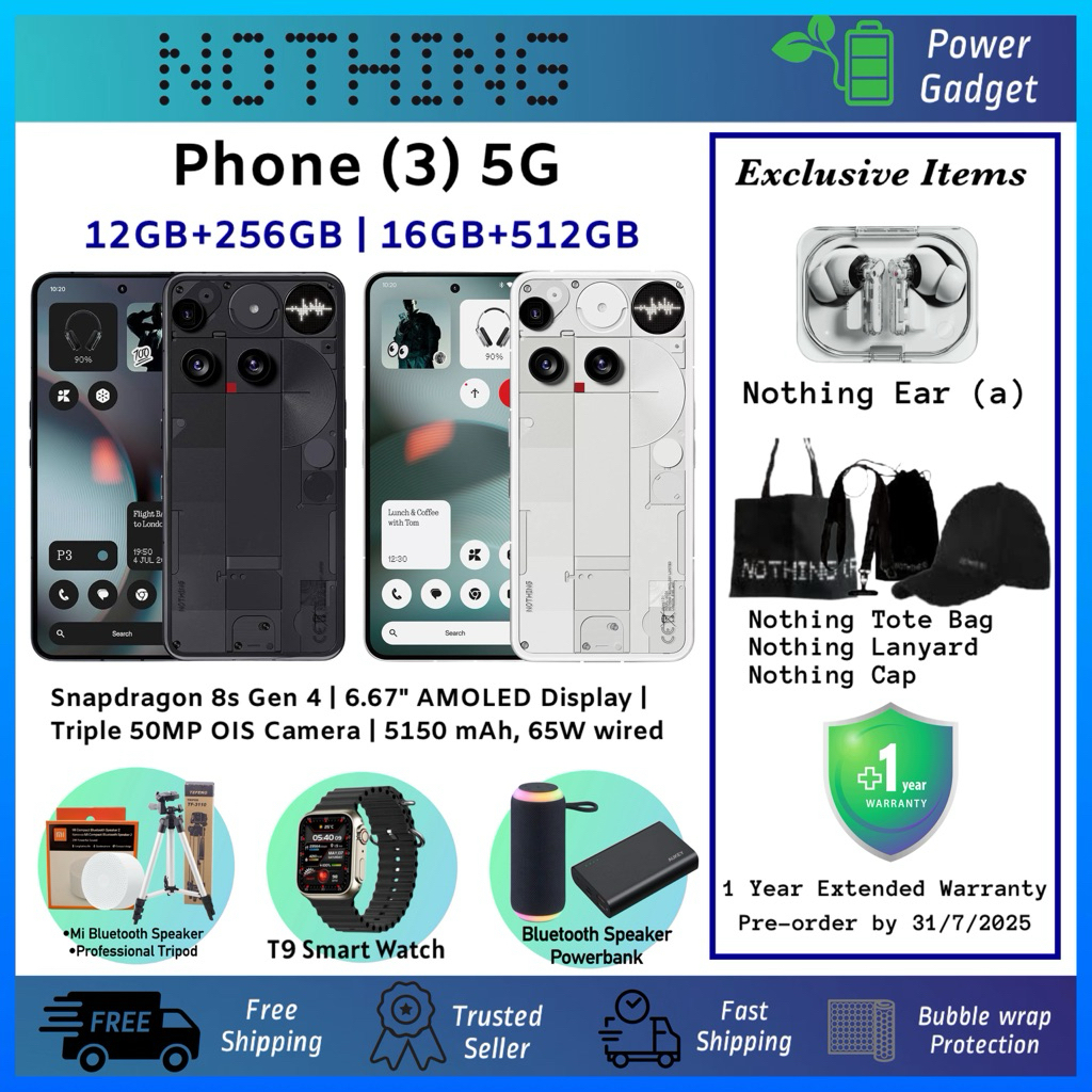 NOTHING Phone 3 5G 12GB+256GB/16GB+512GB |Snapdragon 8s Gen 4 |Triple 50MP Camera |65W Wired Charge |Original Nothing | Shopee Malaysia