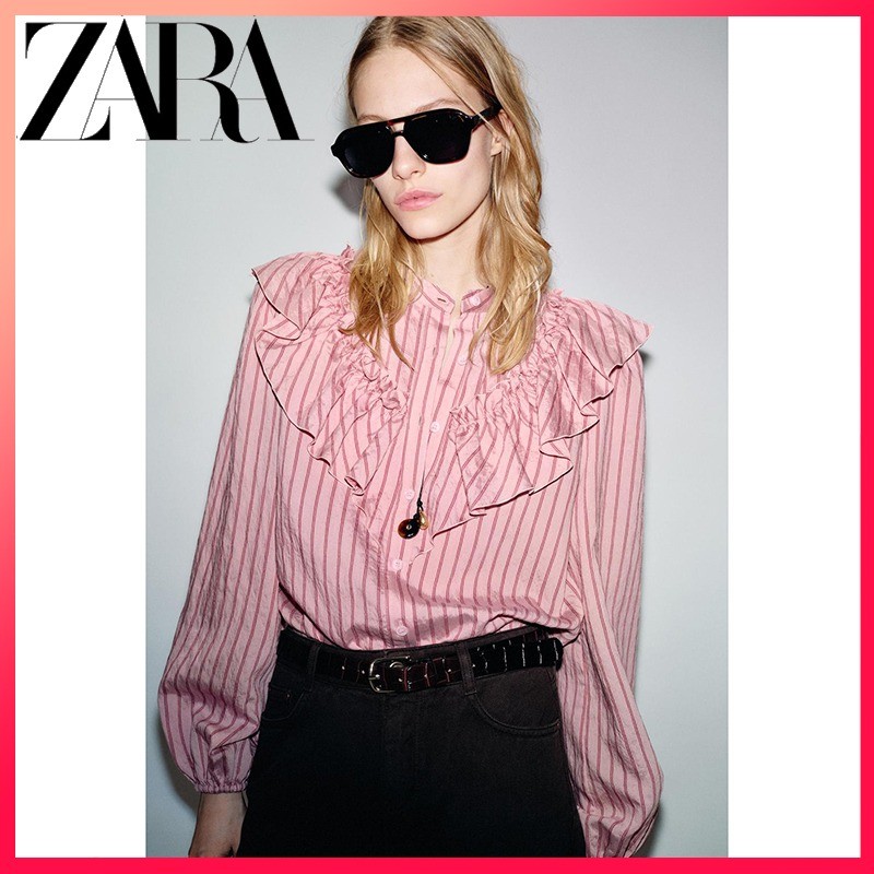 ZARA Summer Women's Striped Layered Shirt - High Neck Long Sleeves | Shopee Malaysia