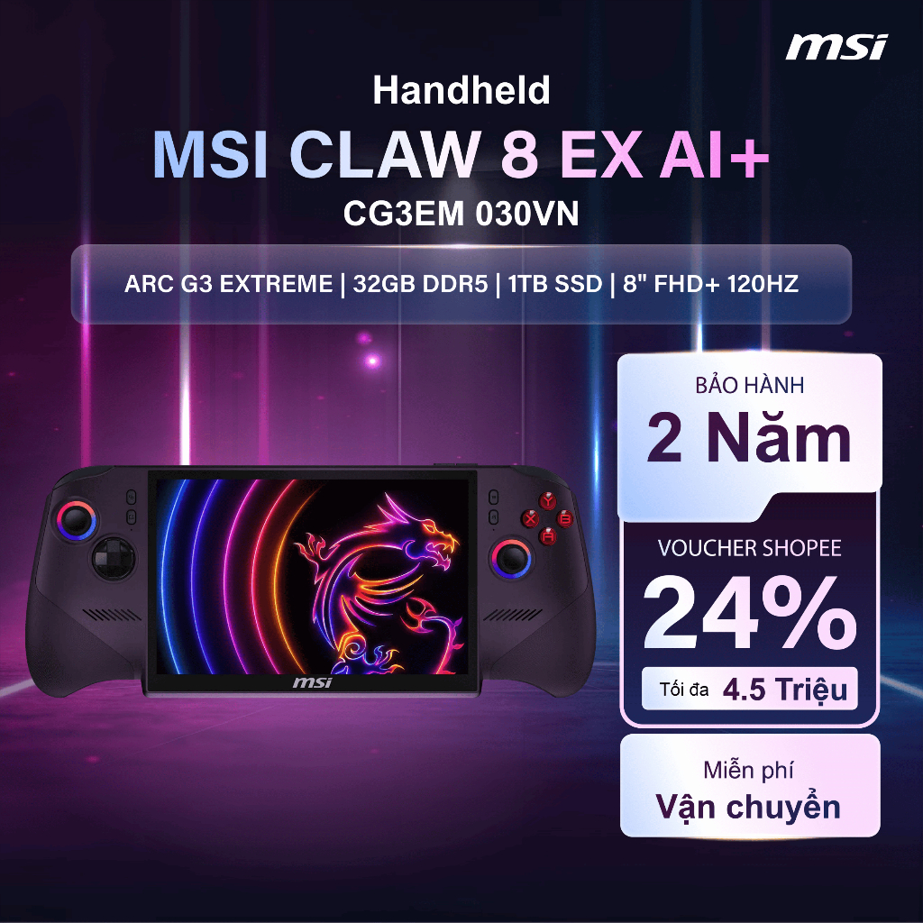 Handheld MSI Claw 8 EX AI+ CG3EM 030VN (Intel Arc G3 Extreme | 32GB DDR5 | 1TB SSD | 8" FHD+ 120Hz) | Shopee Việt Nam