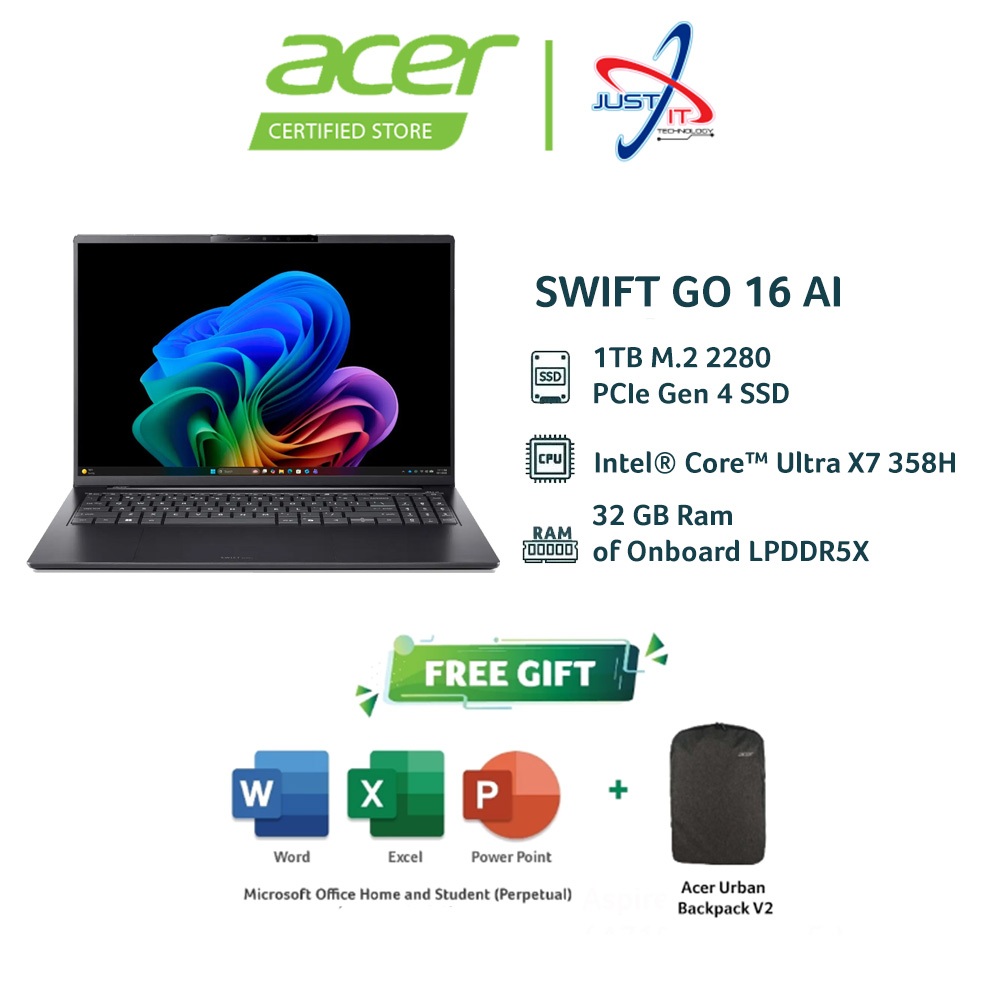 ACER SWIFT GO 16 AI SFG16-I71-75TW 16" LAPTOP ( CUX7-385H 32GD5X 1TBSSD / W11H / OFFICE OPI ) | Shopee Malaysia