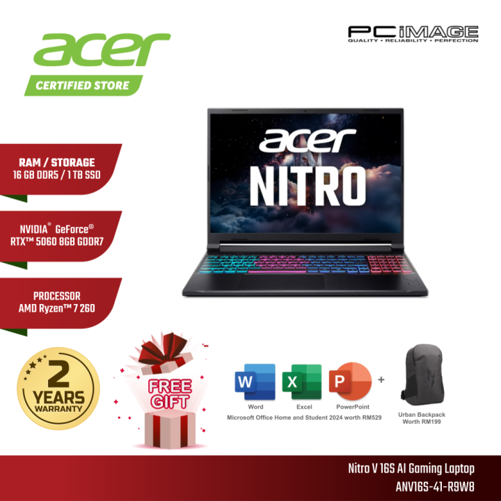 ACER/NITRO V16S AI ANV16S-41-R9W8/R7-260/16GB D5-5600/1TB G4/RTX5060 8GB/16" 180HZ WUXGA/W11H/HOME24/2YW/MUX/BLACK/BACKPACK