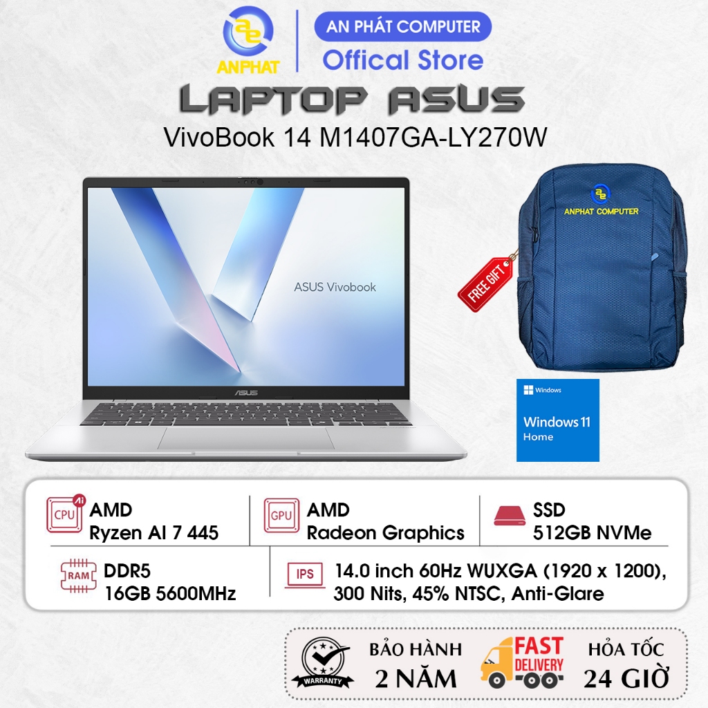 Laptop Asus VivoBook 14 M1407GA-LY270W, Ryzen AI 7 445, 16GB RAM, 512GB RAM, 14.0 FHD+ IPS, Win11 | Shopee Việt Nam