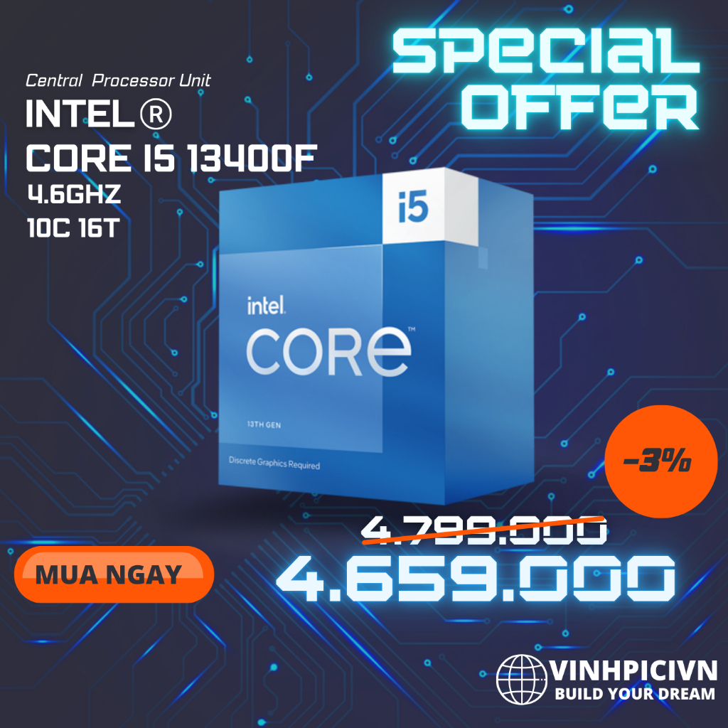 CPU Intel Core i5 13400F (2.5GHz Turbo 4.6GHz / 10 Nhân 16 Luồng / 20MB / LGA 1700) [NEW] | Shopee Việt Nam