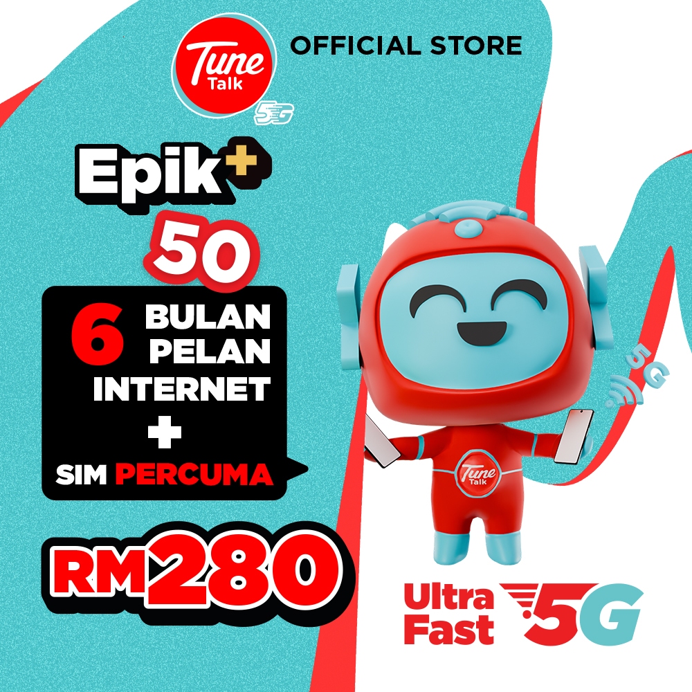 Tune Talk Epik+ 50 (6 Bulan) Kad Sim | 500 GB Internet 5G/4G Tanpa Had Kelajuan | Shopee Malaysia