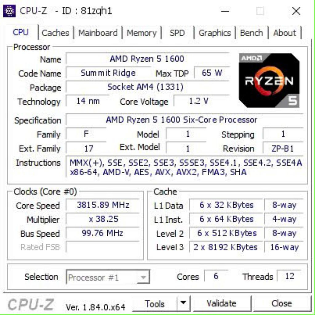 AMD RYZEN 5 1600 CPU, 6 cores, 12 threads, 3.2 - 3.6 GHZ, SOCKET AM4, used product