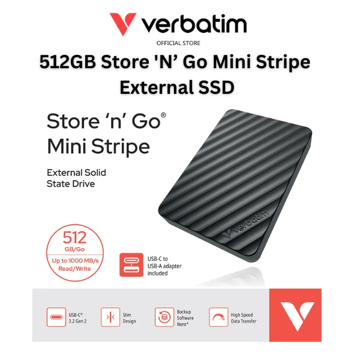 Verbatim 32034 512GB Store 'N’ Go Mini Stripe External SSD Super-Fast Data Transfer USB-C Connection | Lazada Malaysia