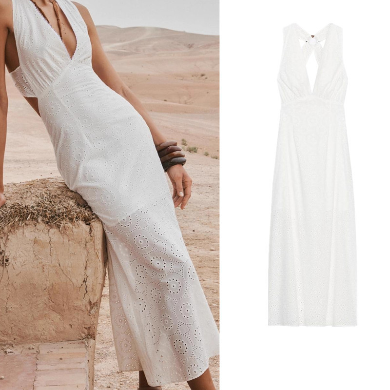 ZARA Holiday Style Cotton Embroidered Halterneck Collar Long Dress 2869953 | Shopee Malaysia