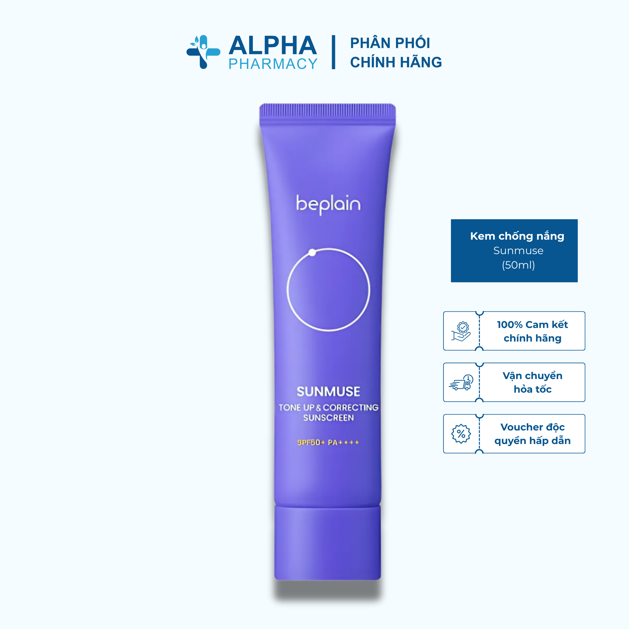 Kem Chống Nắng Nâng Tông Beplain Sunmuse Tone Up & Correcting Sunscreen SPF50+ PA++++ Cấp Ẩm Căng Bóng – 50ml (Tím)