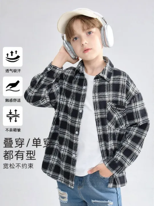 Mark Fairwhale | Spring New Boys Long Sleeve Shirt Checkered Flannel Loose Comfort