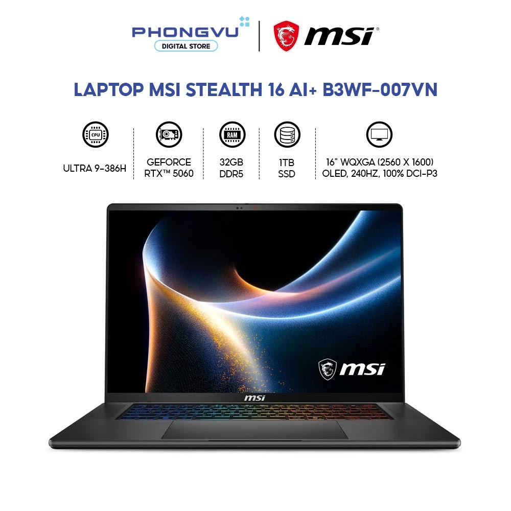 Laptop Msi Stealth 16 AI+ B3WF-007VN (Ultra 9-386H/ GeForce RTX™ 5060/ 32GB/ 1TB) - Bảo hành 24 tháng | Shopee Việt Nam