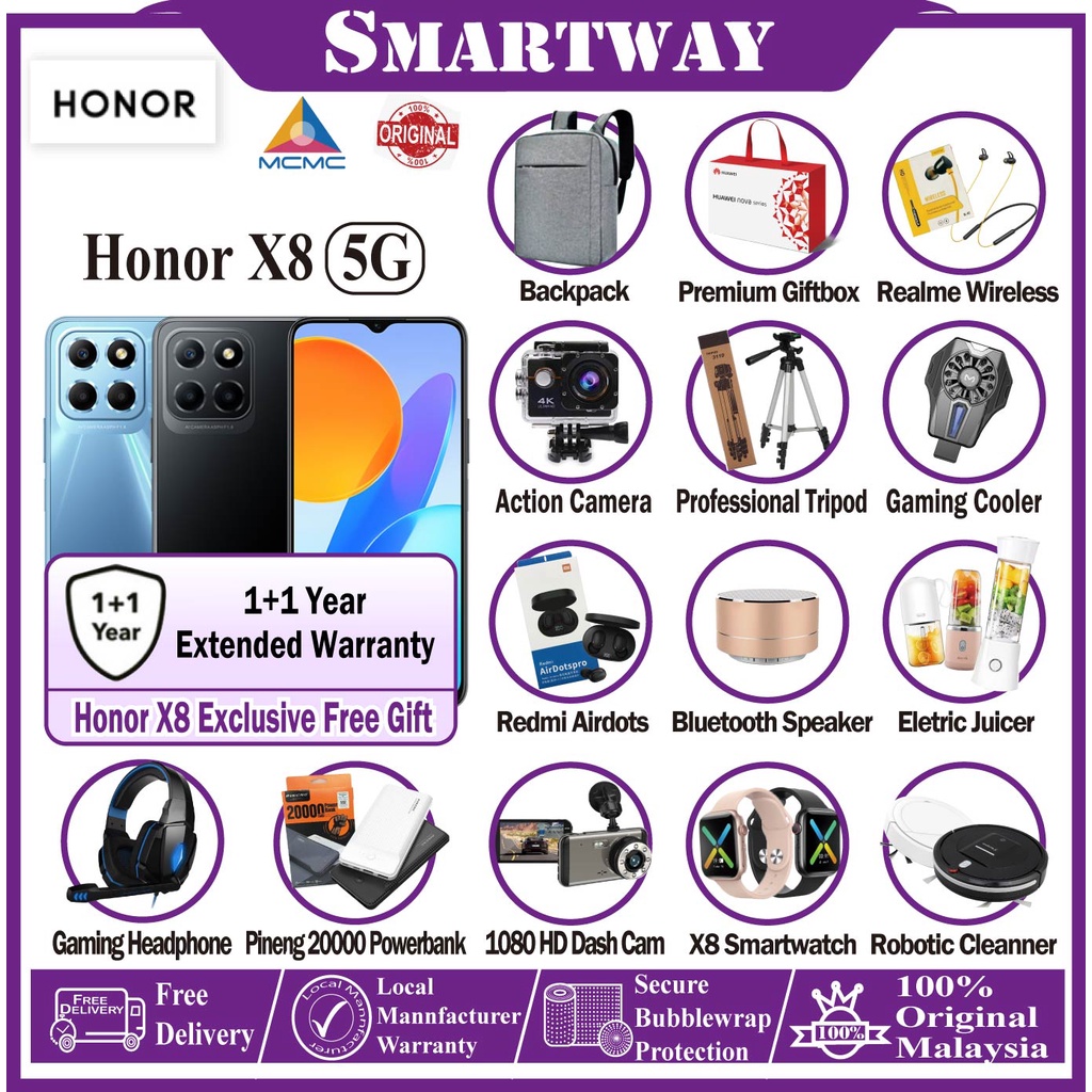 HONOR X8 5G [ 6+2GB HONOR Turbo RAM 128GB ROM ] 22.5W HONOR SuperCharge | Android 11 🎁 1 Year HONOR Malaysia Warranty | Shopee Malaysia