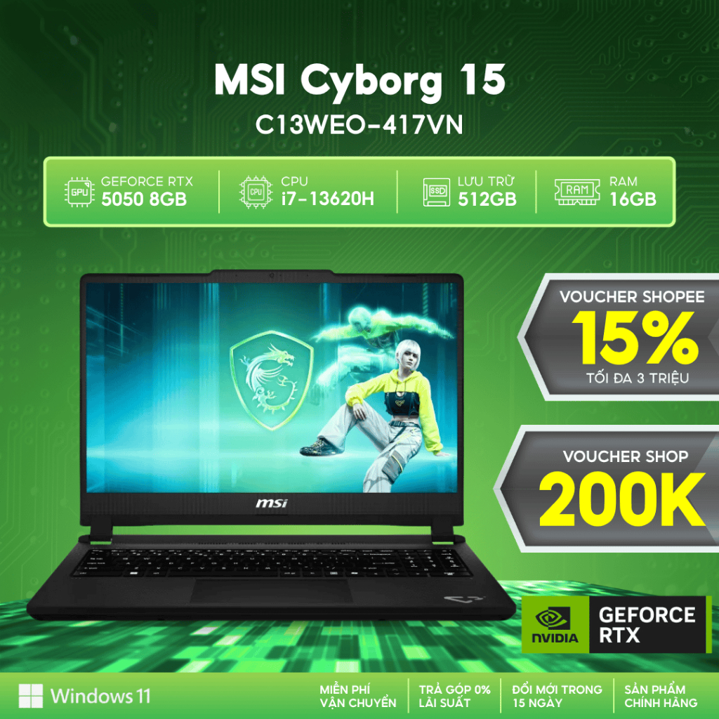 Laptop Gaming MSI Cyborg 15 C13WEO-417VN (i7-13620H | GeForce RTX™ 5050 8GB | 16GB | 512GB | 15.6' FHD 144Hz | Win 11) | Shopee Việt Nam