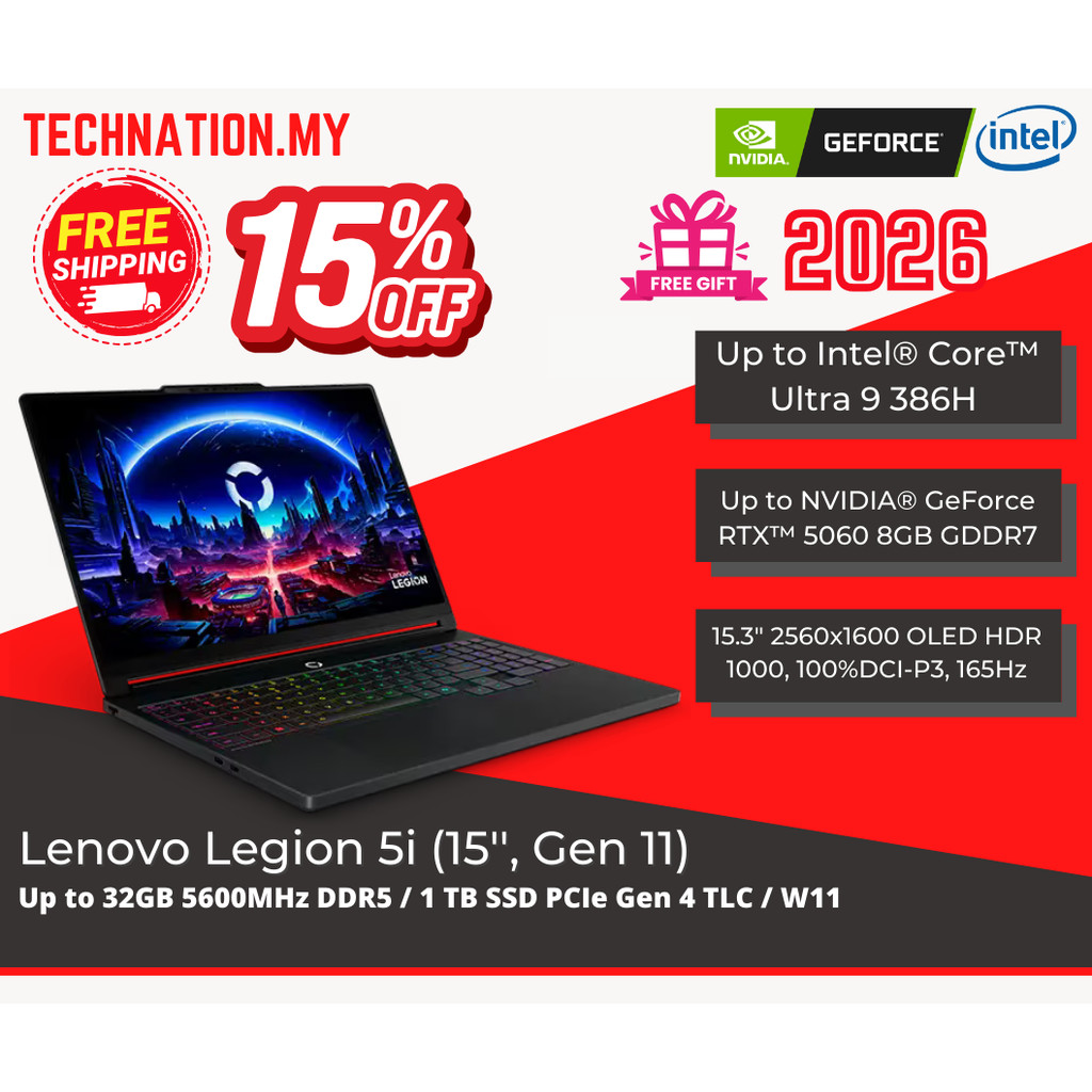 [2026] Lenovo Legion 5i 15 Gen 11 (Intel Ultra 9 290HX Plus/RTX5070/QHD 165hz OLED/1.5KG/Free RM2K gifts) 15% OFF | Shopee Malaysia