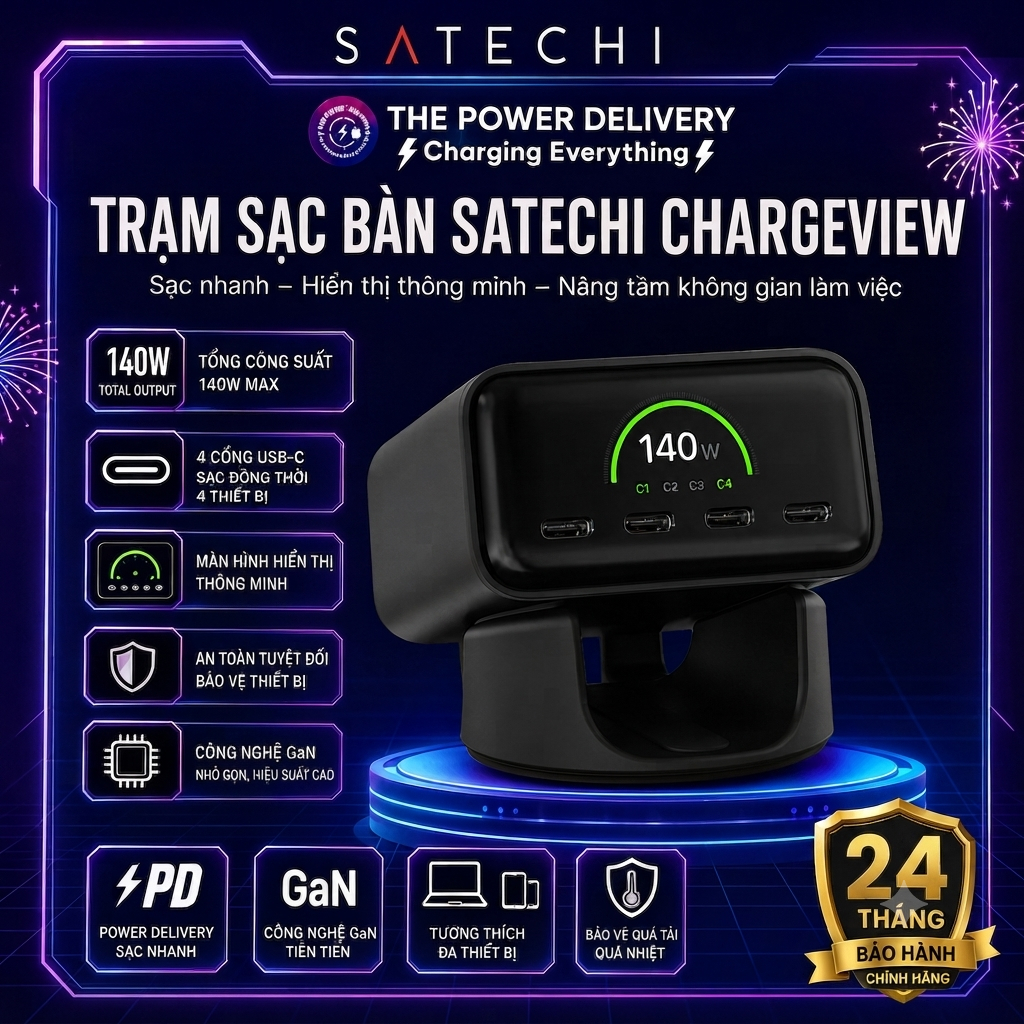 Trạm Sạc Bàn Satechi ChargeView 140W, 240W Chính Hãng | Sạc Nhanh GaN 4 Cổng USB-C/USB-A, Màn Hình Hiển Thị Thông Minh | Shopee Việt Nam