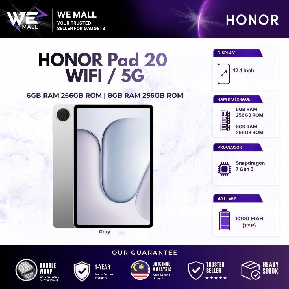 HONOR Pad 20 (WIFI /5G) [6GB RAM 256GB ROM] [8GB RAM 256GB ROM] - Original HONOR Malaysia