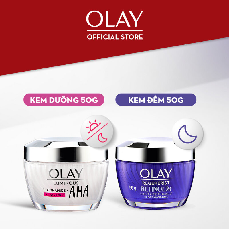 Combo Kem Dưỡng Ban Ngày OLAY LUMINOUS NIACINAMIDE AHA Dưỡng Sáng Da Hũ 50G + Kem Dưỡng Ban Đêm OLAY RETINOL24 Giúp Giữ Nét Tươi Trẻ Cho Da & Mờ Nếp Nhăn Hũ 50G