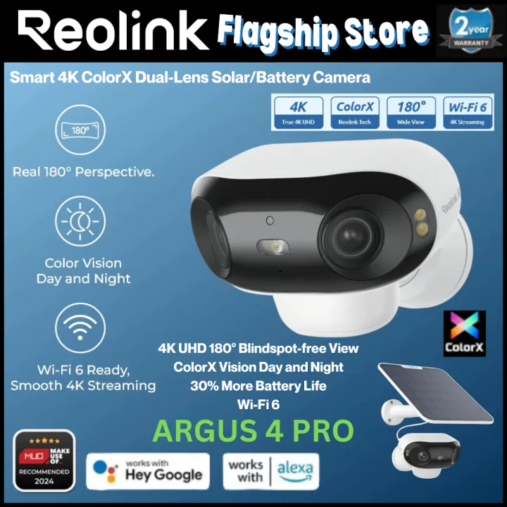 Reolink Argus 4 Pro 4K 8MP Dual-Lens 180° Panoramic Security Camera | ColorX Night Vision | Dual-Band Wi-Fi 6 | Solar/Battery Wire-Free CCTV | AI Person Vehicle Detection Official Malaysia | Lazada Malaysia