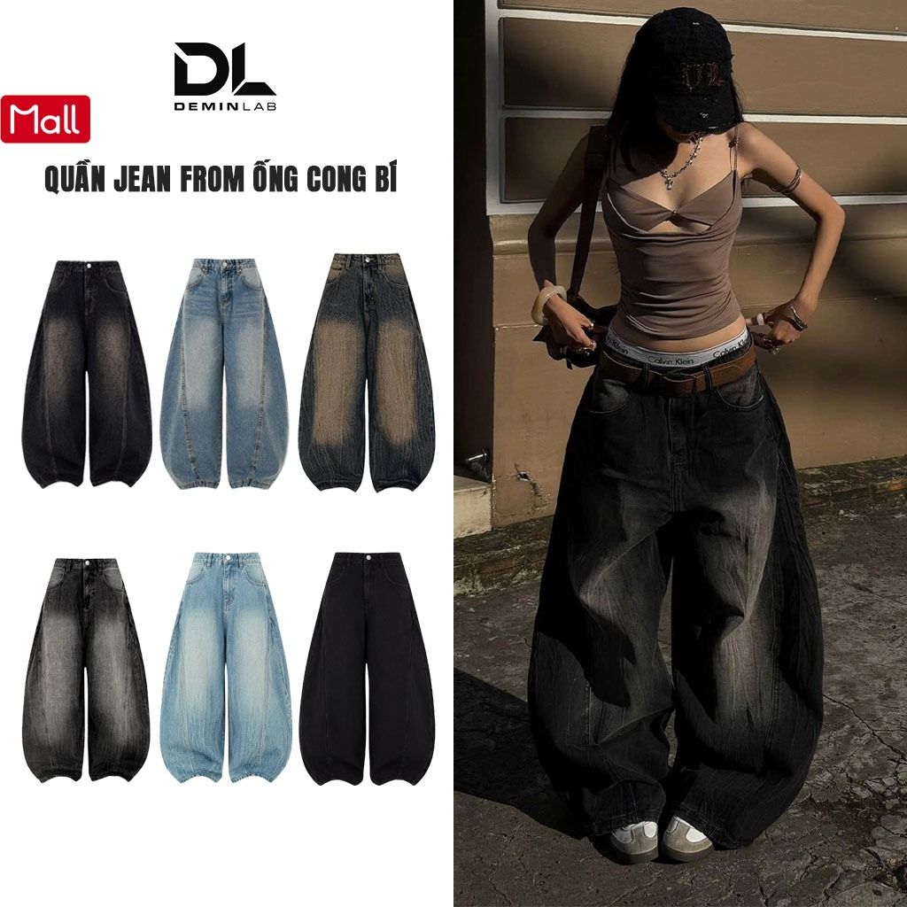 Quần Jean Barrel Ống Cong Form Bí Baggy Cạp Cao LC LUCY MALL Denim Vintage Streetwear Y2K Không Co Giãn | Shopee Việt Nam