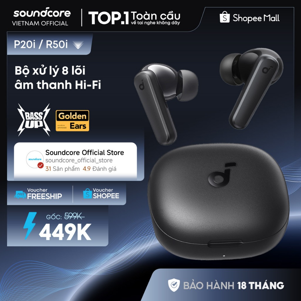 Tai nghe bluetooth soundcore R50i (P20i) siêu nhỏ gọn | 30 giờ phát nhạc | Chống nước IPX5 | Tích hợp phiên dịch | Shopee Việt Nam