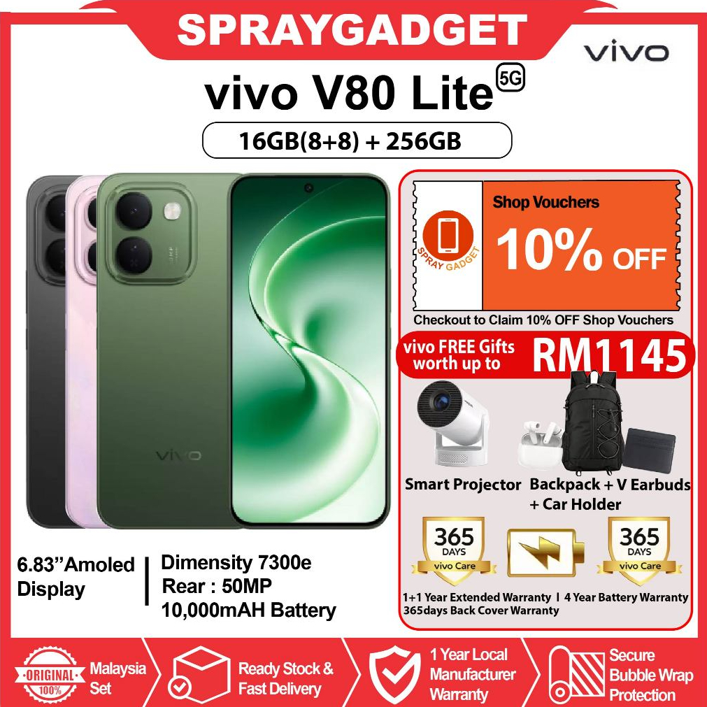 [NEW] vivo V80 Lite 5G (16GB*(8+8)RAM + 256GB ROM) 6.83" Display l 10,000mAH Battery l 44W vivo Flash Charge
