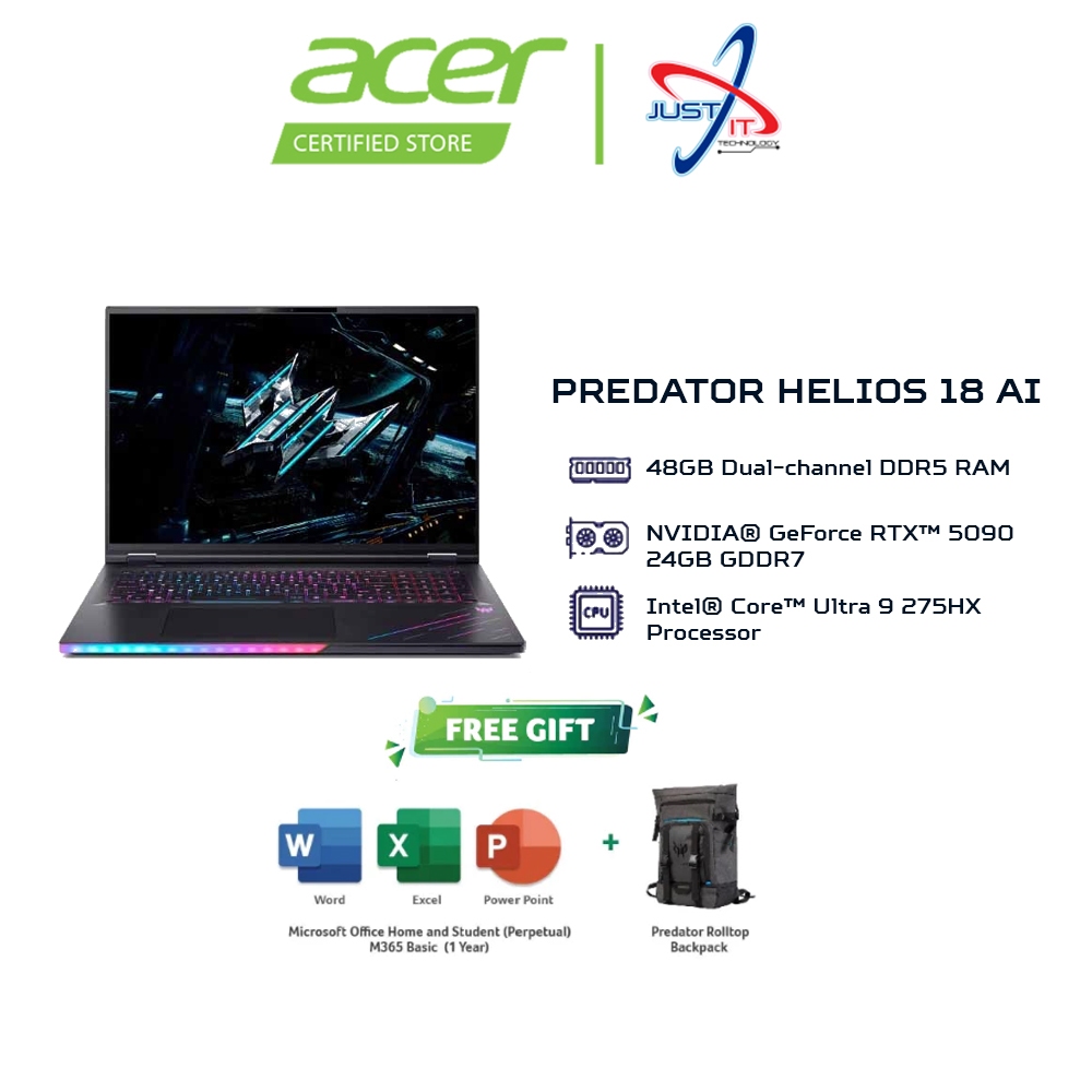 ACER PREDATOR HELIOS 18 AI PH18-I71-961F 18" GAMING LAPTOP ( CU9-290HX 48GD5 1TB / RTX5090 24GD7 / W11H / OFFICE OPI )
