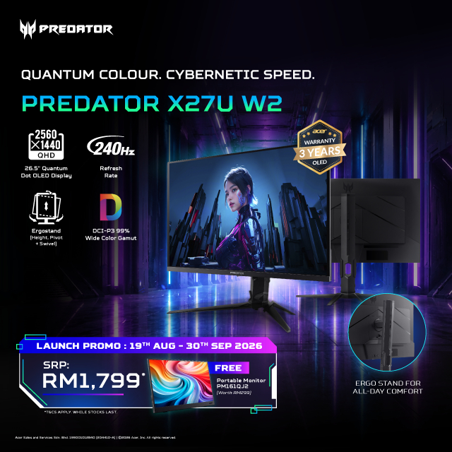 Acer Predator X27U W2 Monitor (QD-OLED/26.5'' 2k/240Hz/0.03 Response rate/DCI-P3 99%/Built in Speaker/Vesa Mount) | Shopee Malaysia