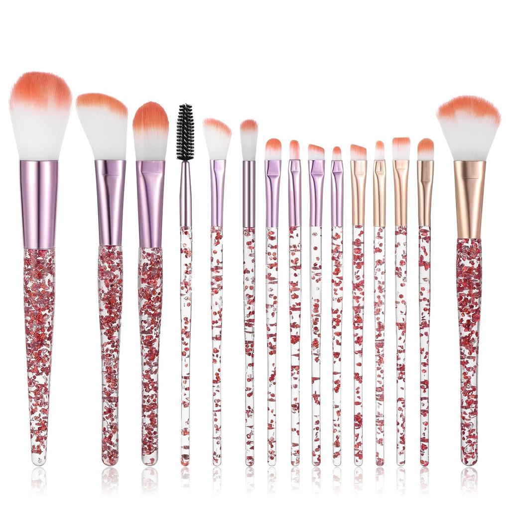 15Pcs Set Berus Solekan Merah, Berus Solekan Comel dengan Kristal Berkilauan, Kit Berus Pembayang Mata Profesional, Penyamar Wajah, Solekan Cecair, Kecantikan untuk Eyeliner dan Bibir.