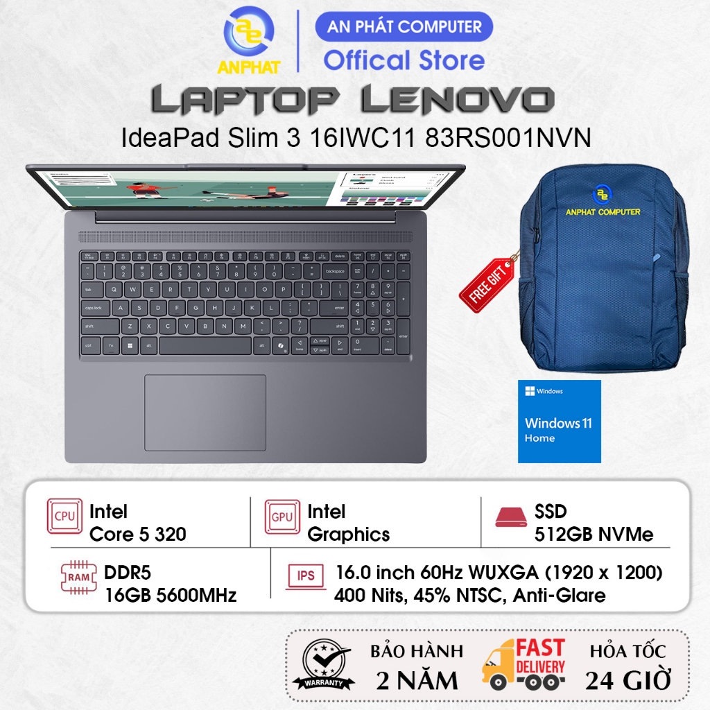Laptop LENOVO IdeaPad Slim 3 16IWC11 83RS001NVN, Core 5 320, 16GB RAM, 512GB, SSD, Win11, 16.0 FHD+ IPS, Win11 | Shopee Việt Nam