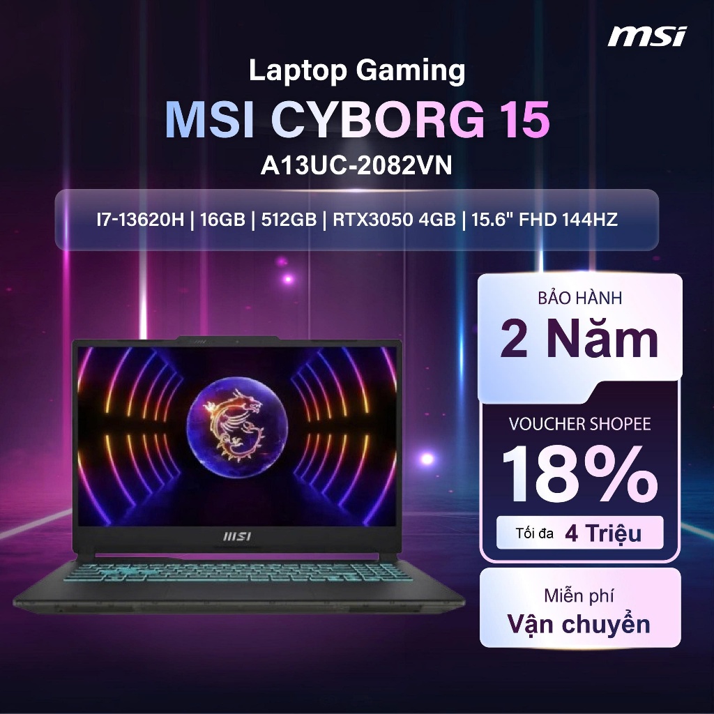 Laptop MSI Cyborg 15 A13UC-2082VN (Intel Core i7-13620H | RTX 3050 | 15.6" FHD | 16GB | 512GB | Đen) | Shopee Việt Nam