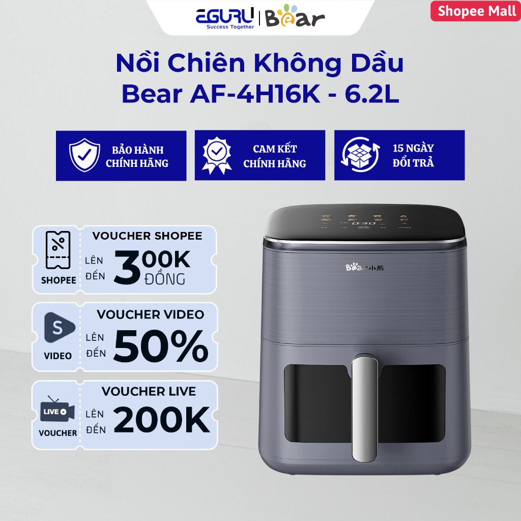 Nồi Chiên Không Dầu 6.2L Bear AF-4H16K | 1600W - Thiết Kế 4D - 2 Tốc Độ Gió | BH Chính Hãng 18 Tháng | Shopee Việt Nam