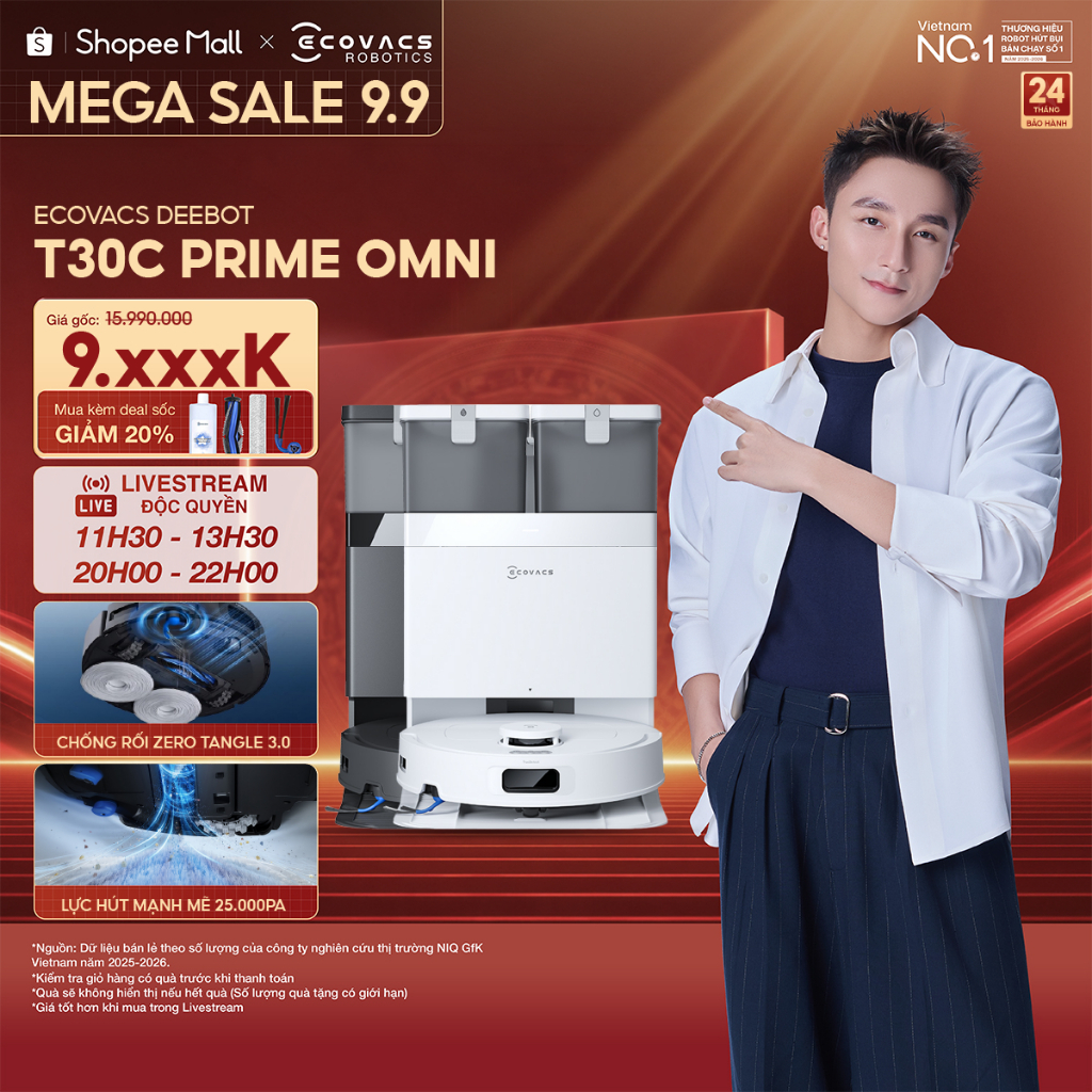 Ecovacs Deebot T30C Prime Omni Robot hút bụi lau nhà | Lực hút tối đa 25.000Pa | Trạm sạc xả tự động | BH 24 tháng | Shopee Việt Nam