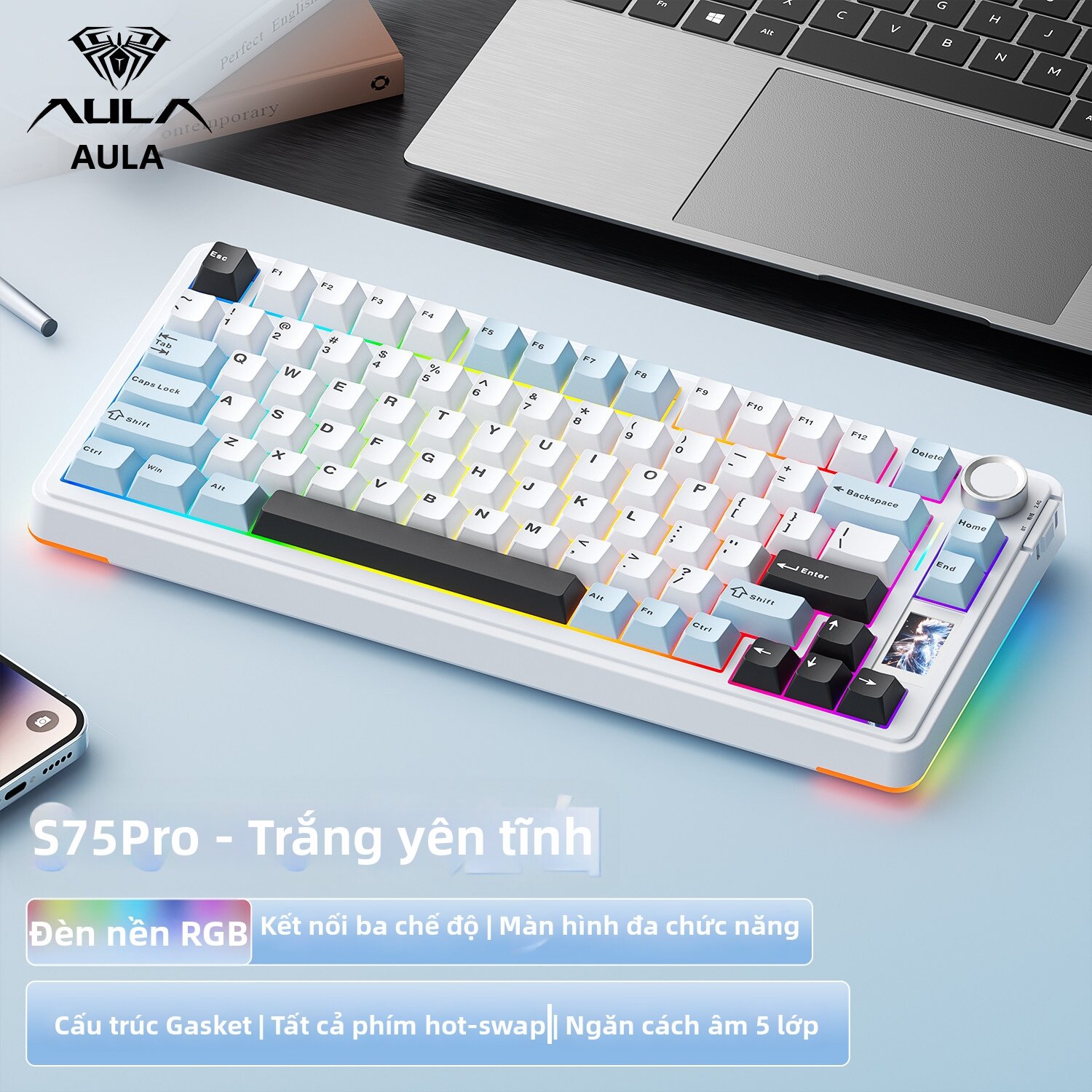 AULA | Bàn phím cơ AULA F75 - Kết nối 3 chế độ (Tri-mode) Hotswap (Thay nóng switch) Chuyên Gaming/Văn phòng