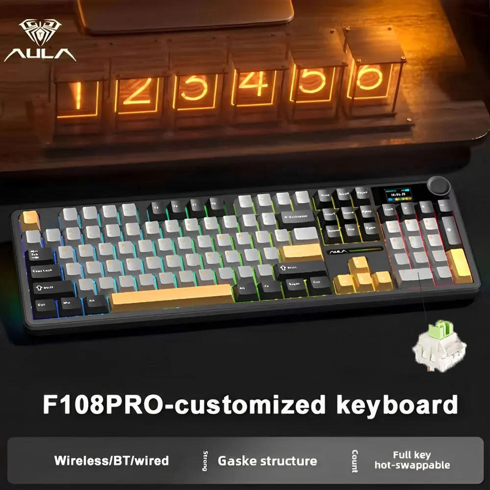 AULA F108 Pro 3 Mode Wireless Mechanical Keyboard with Display Konb RGB Light 8000mAh Battery GASKET Structure Customed 108 Keys for Esports Games Keyboard Windows/ MAC | Shopee Việt Nam