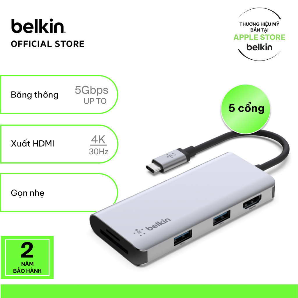 Hub chuyển đổi Belkin CONNECT Hub USB-C 5-in-1 - HDMI 1.4 (4K 30Hz) | Shopee Việt Nam