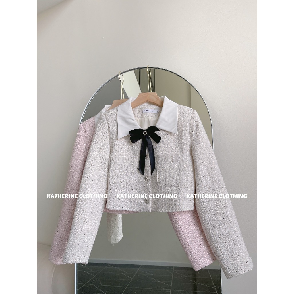 Áo khoác dạ Tweed phối nơ, Áo khoác kim sa kèm nơ nơ- Katherine Clothing | Shopee Việt Nam