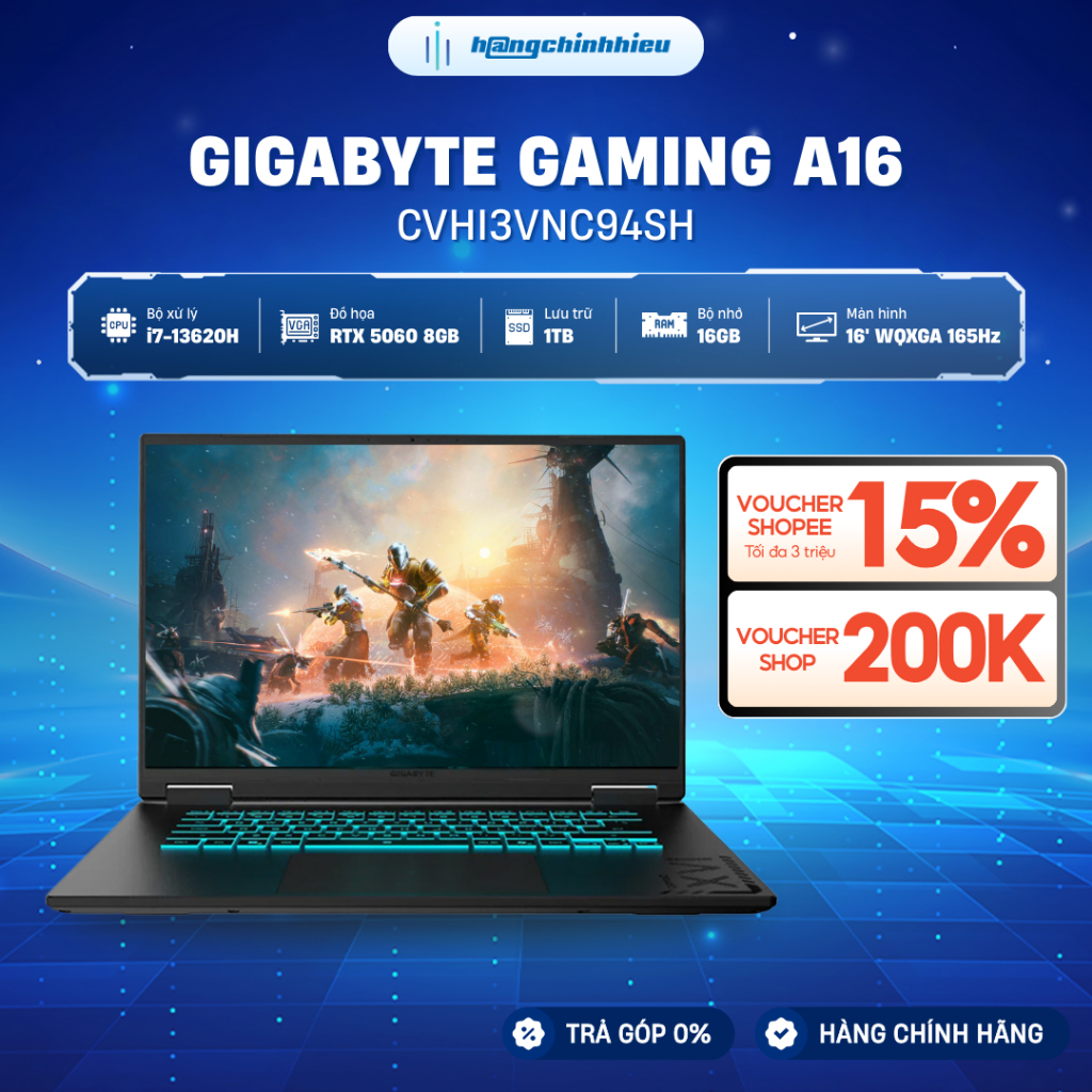 Laptop Gigabyte Gaming A16 CVHI3VNC94SH i7-13620H | GeForce RTX™ 5060 8GB | 16GB | 1TB | 16' 2K WQXGA 165Hz | Win 11 | Shopee Việt Nam