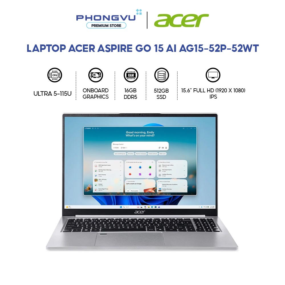 Laptop Acer Aspire Go 15 AI AG15-52P-52WT (Ultra 5-115U/ 16GB/ 512GB/ Windows 11 Home SL) - Bảo hành 12 tháng | Shopee Việt Nam