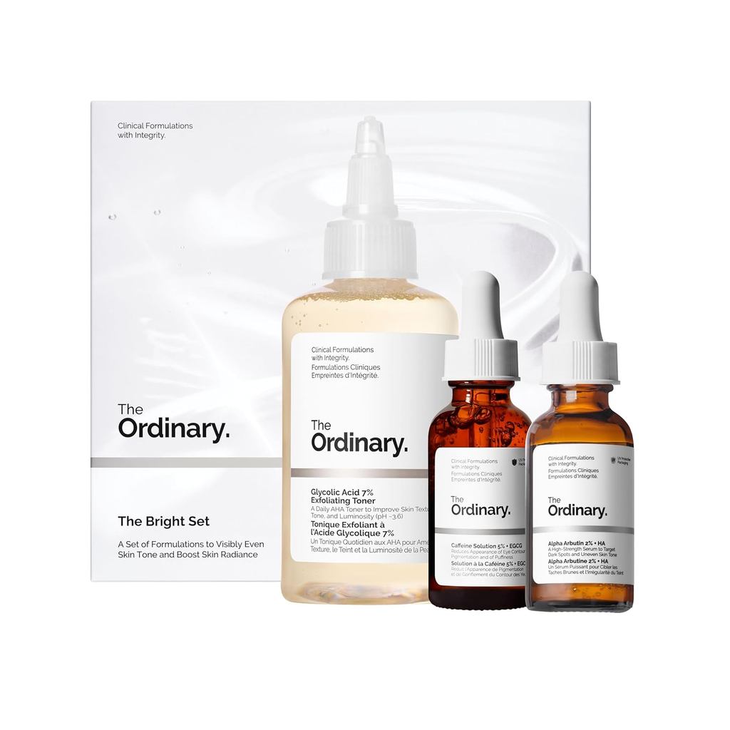 The Ordinary The Bright Set, 3-Step Regimen for Radiant, Even Skin Tone with Glycolic Acid 7% Exfoliating Toner, Alpha Arbutin 2% + HA, and Caffeine Solution 5% + EGCG | Skin Care