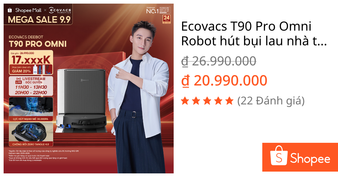 Ecovacs T90 Pro Omni Robot hút bụi lau nhà thông minh | Lực hút 30.000Pa | Trạm OMNI tự động sấy khô | BH 24 tháng | Shopee Việt Nam