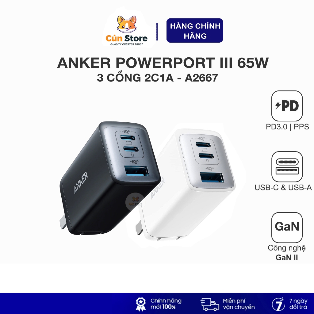 Củ sạc nhanh Anker 65W Nano II 3 cổng - A2667, hỗ trợ sạc PD/IQ 3.0 cho Laptop | Bảo hành 12 tháng | Shopee Việt Nam