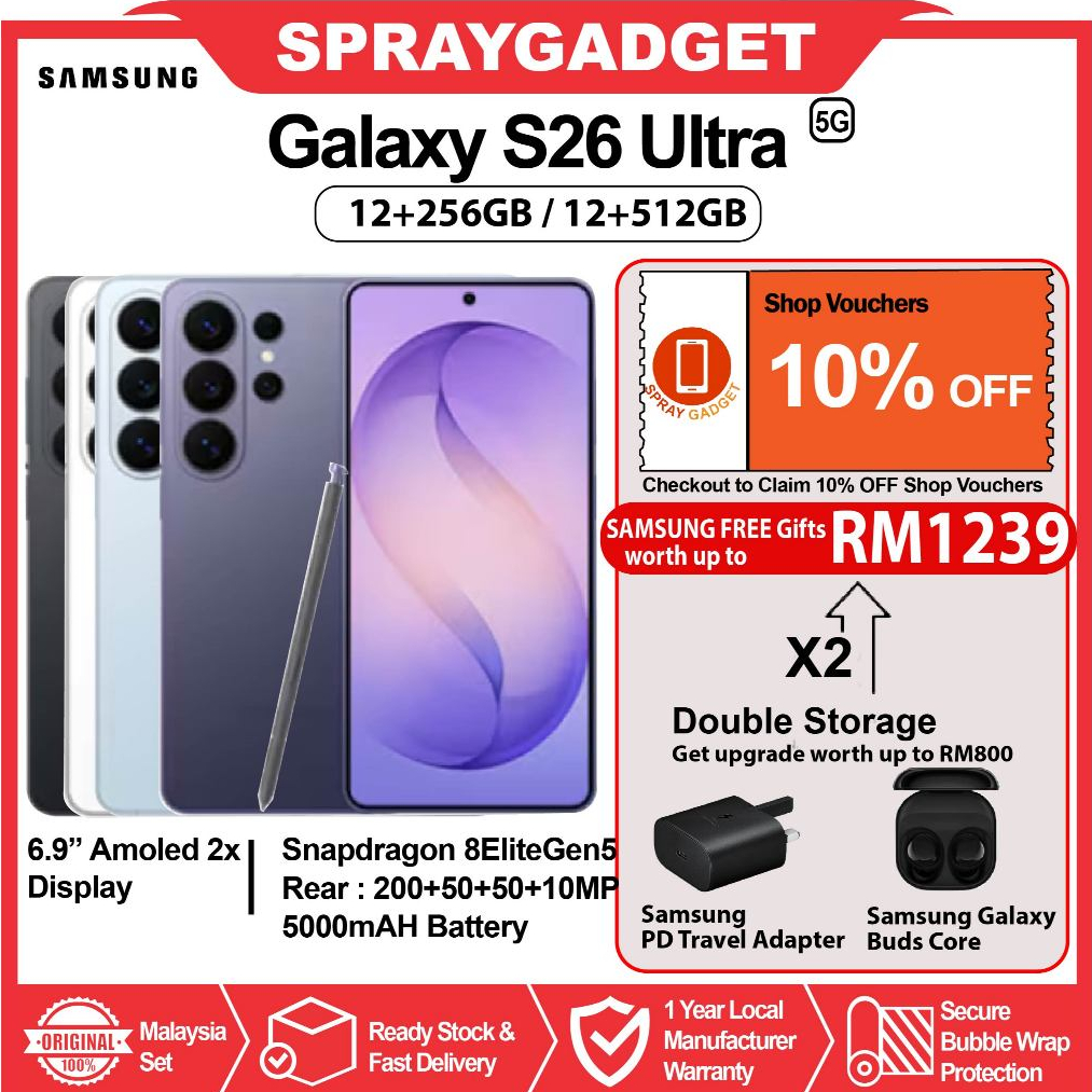 Samsung Galaxy S26 Ultra(12+256GB/ 12+512GB/ 16+1TB) 6.9" 2x Amoled Display l Snapdragon 8 Elite Gen 5 l Galaxy Al | Shopee Malaysia