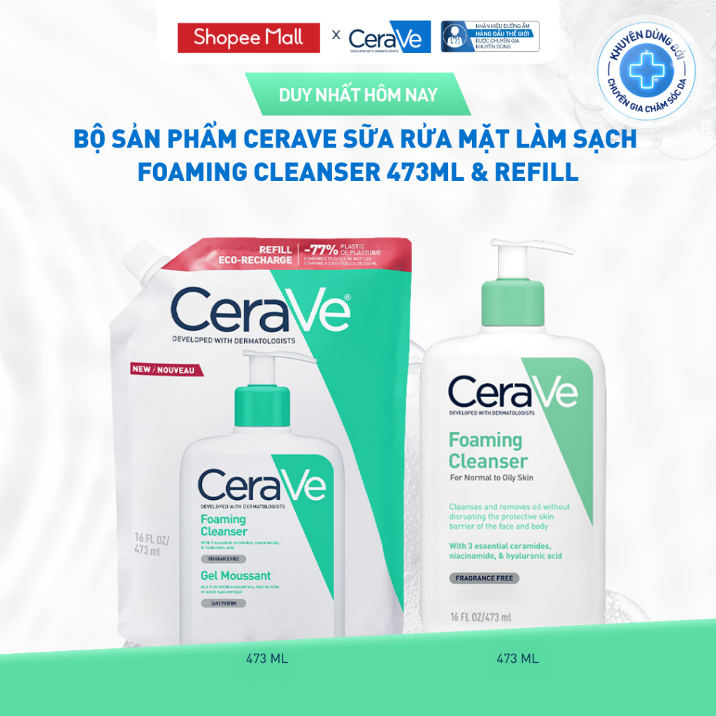 [VB] Bộ sản phẩm CeraVe sữa rửa mặt làm sạch Foaming Cleanser 473ml & Refill