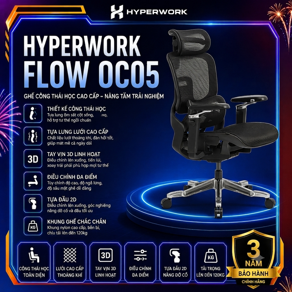 Ghế công thái học HyperWork Flow OC05 chính hãng - Ghế văn phòng Ergonomic hỗ trợ chống đau lưng, ngả lưng 135 độ | Shopee Việt Nam