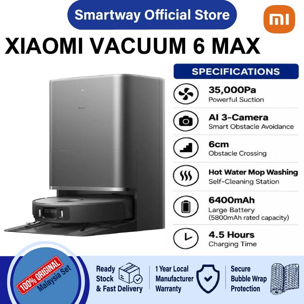 Xiaomi Robot Vaccum 6 Max | Vacuum Cleanner | Ati-Tangle Brush | Smart Cleanner | 35000 PA | Shopee Malaysia