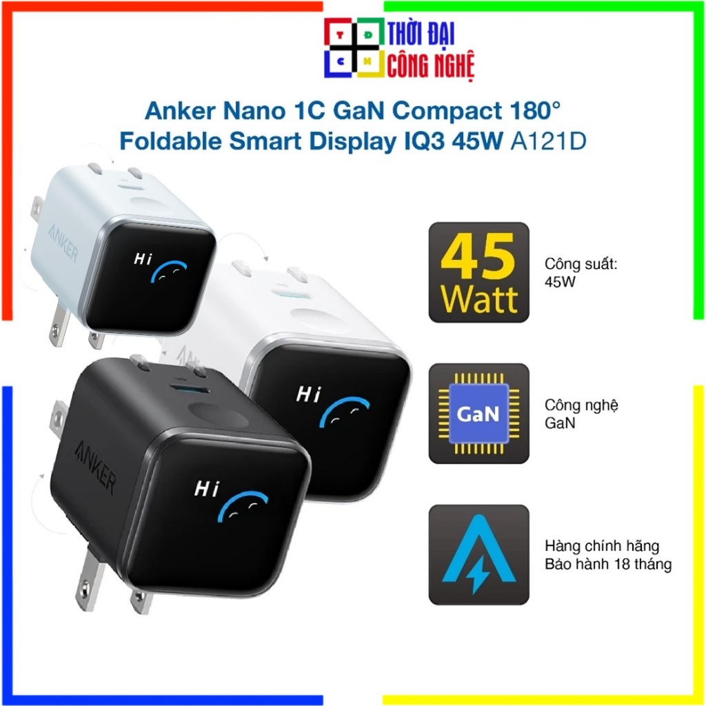 Củ Sạc Nhanh Anker Nano 1C 45W A121D - Nhỏ Gọn, Sạc Siêu Nhanh 2.0 - Bảo Hành 12 Tháng - Thời Đại Công Nghệ Chính Hãng