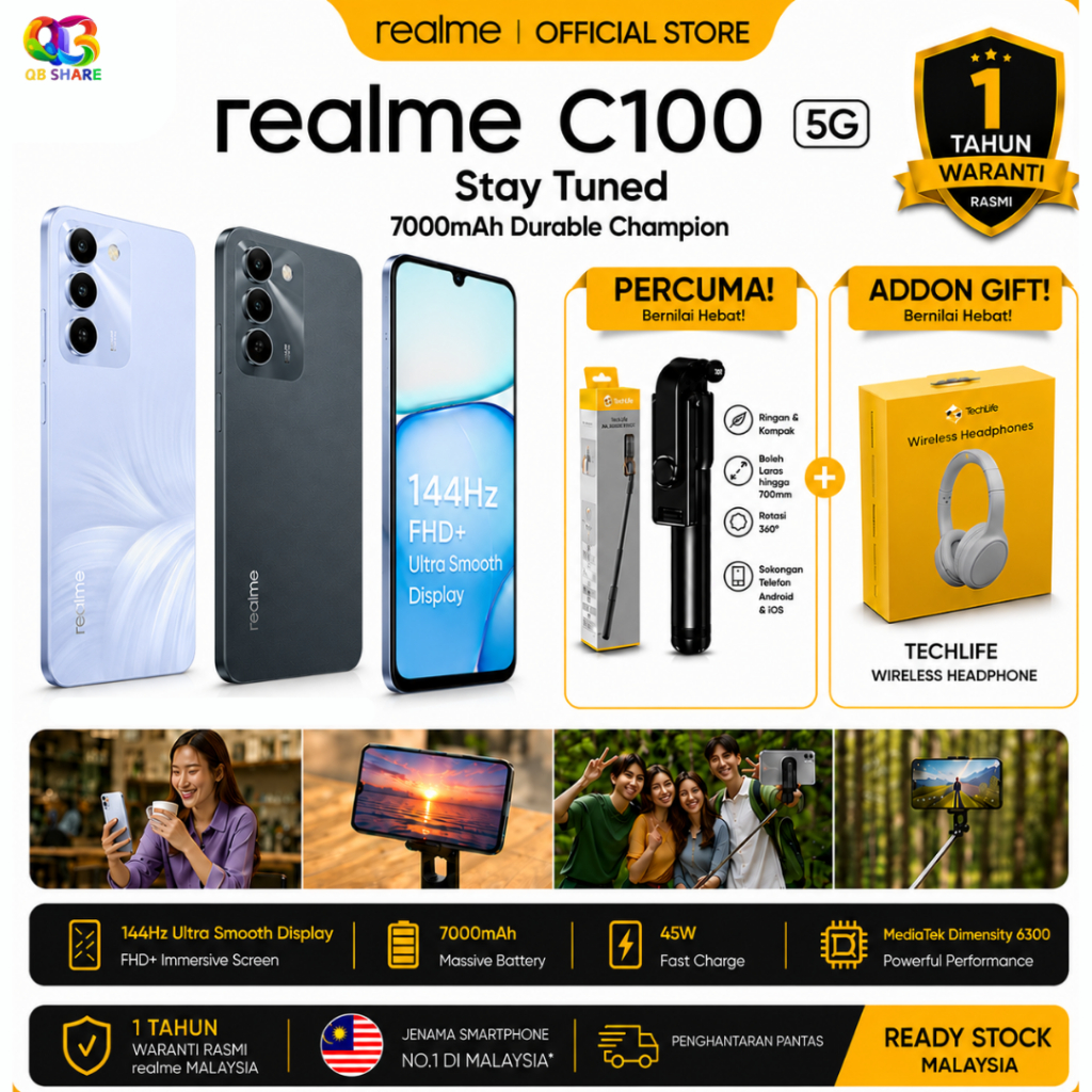 (NEW) REALME C100 5G 12GB RAM [4GB+8GB] / 256GB - 1 YEAR WARRANTY REALME MALAYSIA
