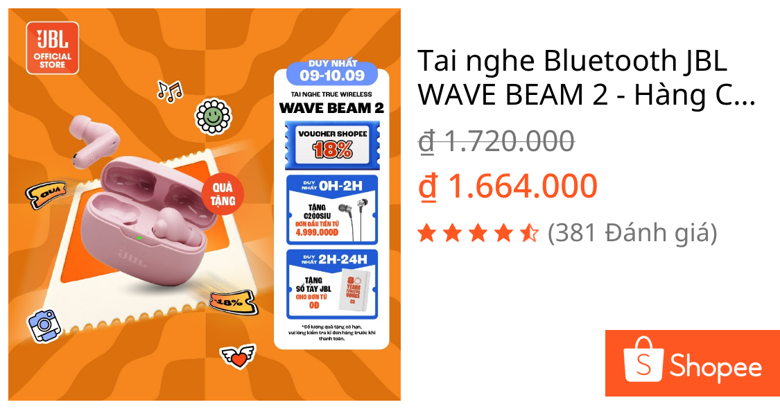 Tai nghe Bluetooth JBL WAVE BEAM 2 - Hàng Chính Hãng | Shopee Việt Nam