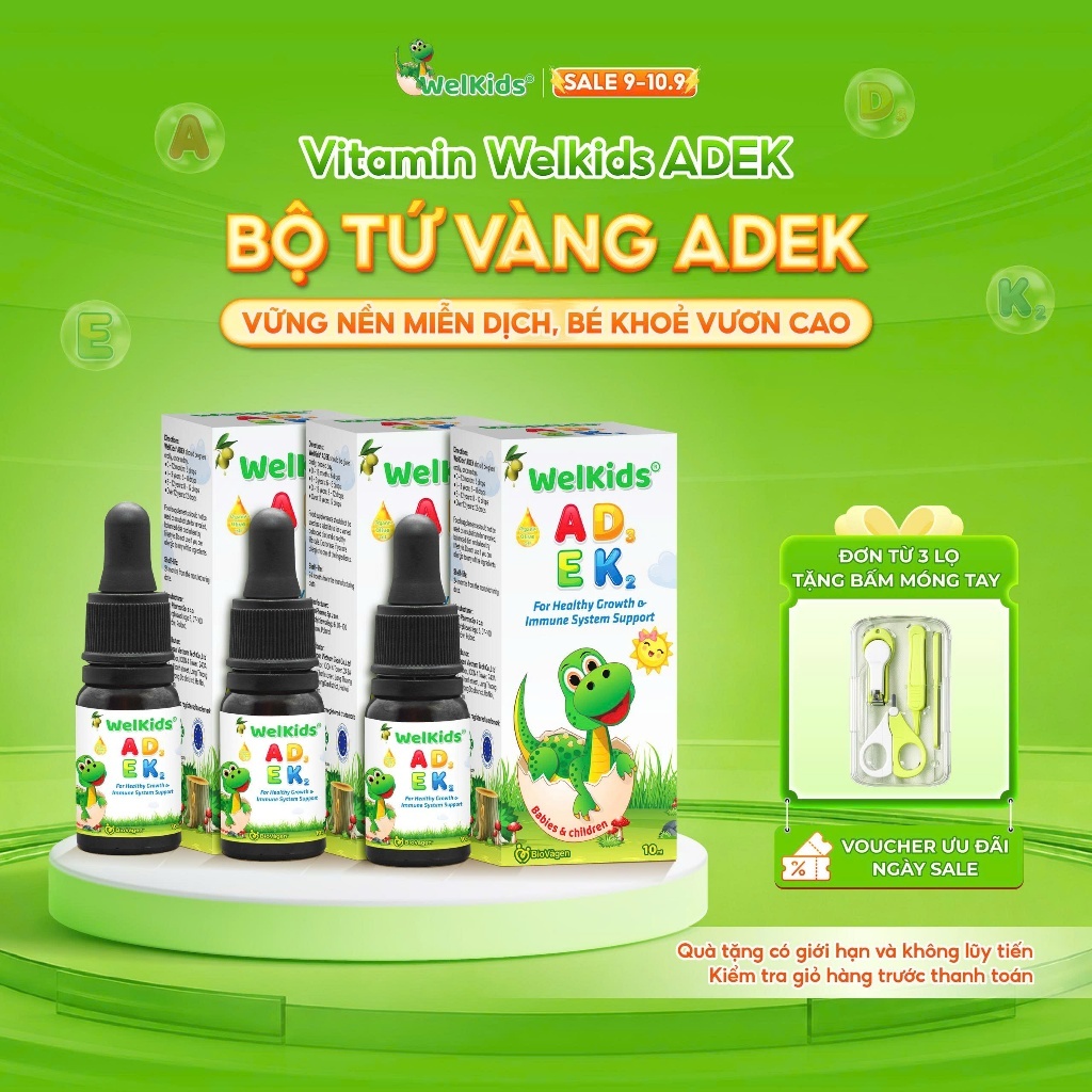 Combo 3 lọ WelKids ADEK bổ sung D3K2 kết hợp Vitamin A, E hỗ trợ nâng cao đề kháng, phát triển chiều cao