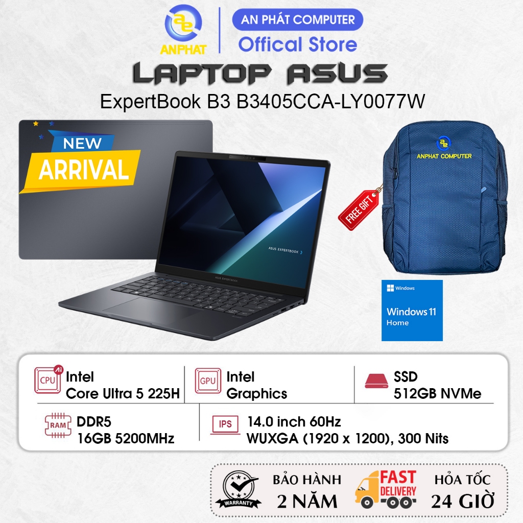 Laptop ASUS ExpertBook B3 B3405CCA-LY0077W, Core Ultra 5 225H, Intel Graphics, 16GB RAM, 512GB SSD, 14.0 FHD+, Win11 | Shopee Việt Nam